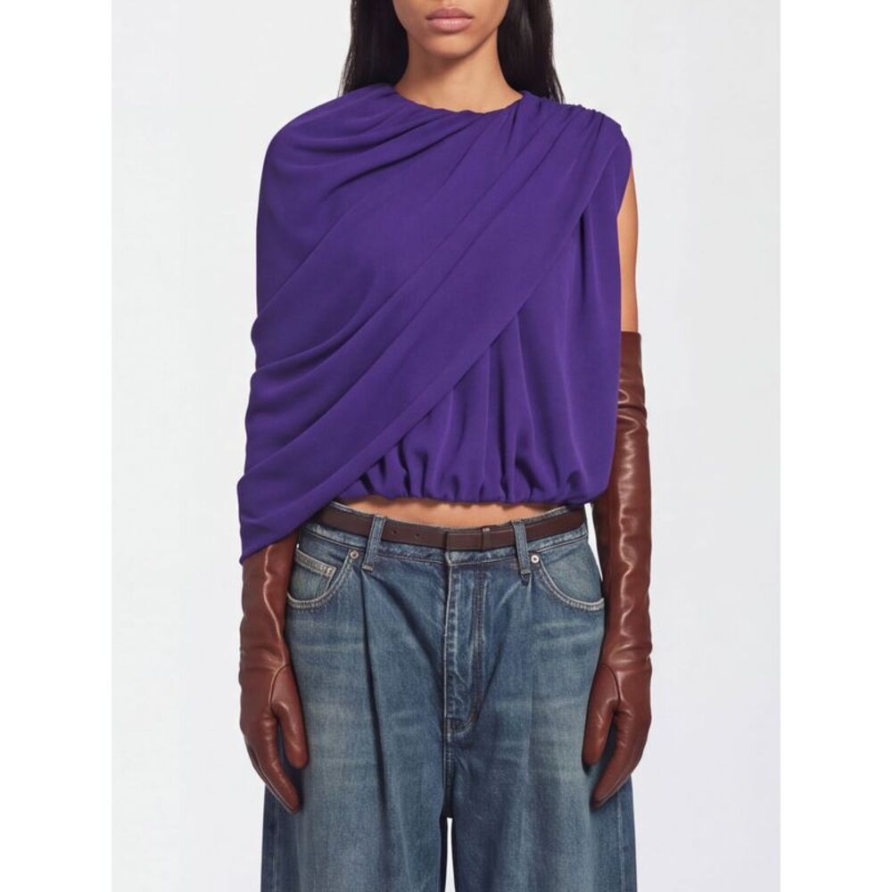 Balenciaga Women Balenciaga Draped Silk One-Shoulder Cropped Top With Crew Neck